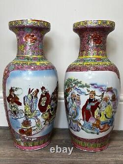 Pair Chinese Famille Porcelain Three Deities Longevity Happiness Prosperity