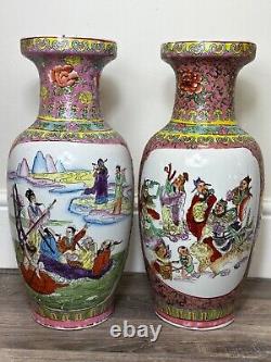 Pair Chinese Famille Porcelain Three Deities Longevity Happiness Prosperity