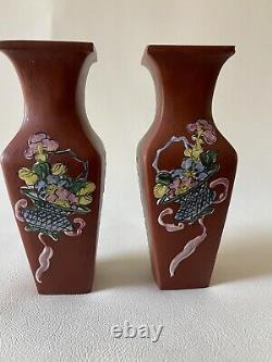 Pair Chinese Signed Yixing Enameled Bird Vases
