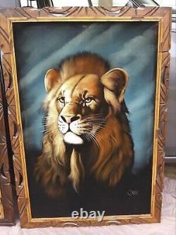 Pair David Ortiz 1970s Velvet Paintings Large Tiger Lion Mexico