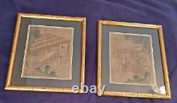 Pair Early Antique Chinese Signed Classical Landscape Silk Paintings Loom