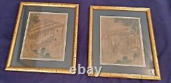 Pair Early Antique Chinese Signed Classical Landscape Silk Paintings Loom