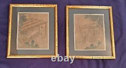 Pair Early Antique Chinese Signed Classical Landscape Silk Paintings Loom