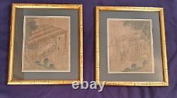 Pair Early Antique Chinese Signed Classical Landscape Silk Paintings Loom