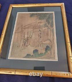 Pair Early Antique Chinese Signed Classical Landscape Silk Paintings Loom