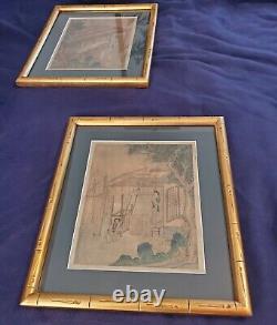 Pair Early Antique Chinese Signed Classical Landscape Silk Paintings Loom