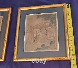 Pair Early Antique Chinese Signed Classical Landscape Silk Paintings Loom