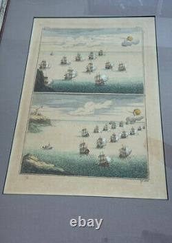 Pair Engravings Ships French Navals 1740 M. Ogier Framed Marine Nautical