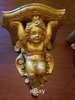 Pair Fine 19th C Barretti Florence Signed Italian Carved Wood Angel Shelves