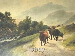 Pair Fine Antique Pastoral Oil Paintings 19th Century Scottish Highlands Cattle