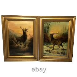 Pair Fine Art Antique Oil Paintings Portrait Deer Stags Scottish Glen Highlands