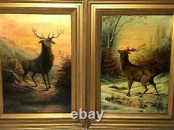 Pair Fine Art Antique Oil Paintings Portrait Deer Stags Scottish Glen Highlands