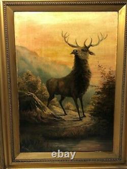 Pair Fine Art Antique Oil Paintings Portrait Deer Stags Scottish Glen Highlands