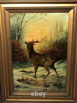 Pair Fine Art Antique Oil Paintings Portrait Deer Stags Scottish Glen Highlands
