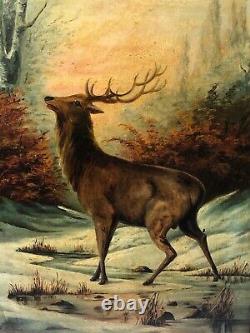 Pair Fine Art Antique Oil Paintings Portrait Deer Stags Scottish Glen Highlands