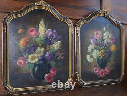 Pair Floral Oil Canvas Paintings in custom arched frames by H L Sanger 1892-1949