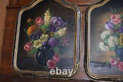 Pair Floral Oil Canvas Paintings in custom arched frames by H L Sanger 1892-1949