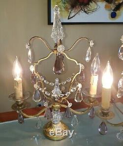Pair French Antique VTG Amethyst Girandole Chandelier Table Lamps Signed FRANCE