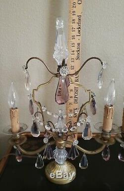Pair French Antique VTG Amethyst Girandole Chandelier Table Lamps Signed FRANCE