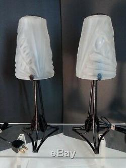 Pair French Art Deco Table Lamps Signed Degue Cazaux Wrought Iron Leaf Fern 20s