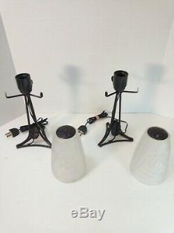 Pair French Art Deco Table Lamps Signed Degue Cazaux Wrought Iron Leaf Fern 20s