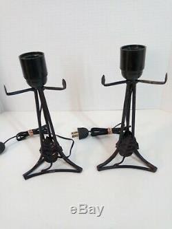 Pair French Art Deco Table Lamps Signed Degue Cazaux Wrought Iron Leaf Fern 20s