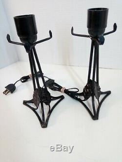 Pair French Art Deco Table Lamps Signed Degue Cazaux Wrought Iron Leaf Fern 20s
