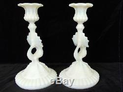 Pair French PORTIEUX French Milk Glass SIRENE Candlesticks Signed Antique c1933