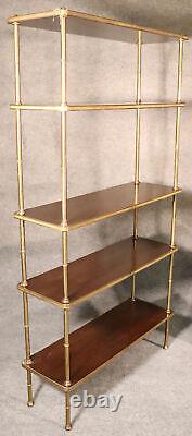 Pair French Regency Solid Brass Faux Bamboo Maison Jansen Walnut Étagères Signed