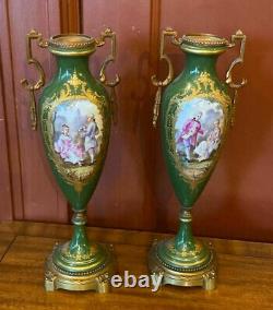 Pair French Sevres Style Artist Signed Porcelain Bronze Ormolu Handle Urns