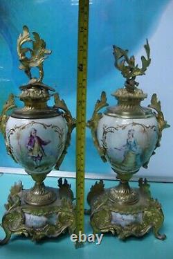 Pair Freres ormolu Hand Painted signed Petit Garniature urn porcelain raise gold