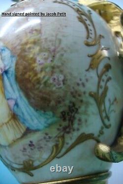 Pair Freres ormolu Hand Painted signed Petit Garniature urn porcelain raise gold
