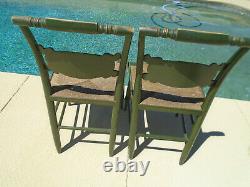 Pair Fully Signed Hitchcock Green Wood Stencil Chairs Rush Seats