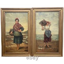 Pair Genre Victorian Oil Paintings Cockle Pickers Female Figures On Shoreline