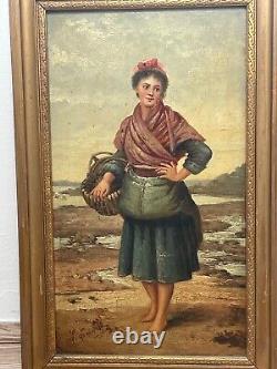 Pair Genre Victorian Oil Paintings Cockle Pickers Female Figures On Shoreline