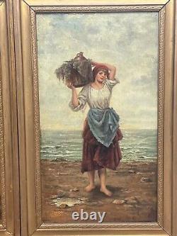 Pair Genre Victorian Oil Paintings Cockle Pickers Female Figures On Shoreline