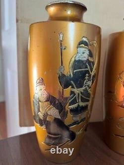 Pair Gilt Bronze Japanese Vases with immortal figures Signed