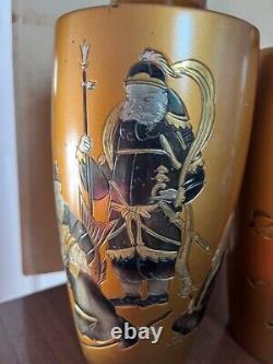 Pair Gilt Bronze Japanese Vases with immortal figures Signed
