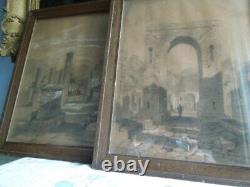 Pair Grand Tour Antique Drawings Charcoal Bodycolour Pompeii