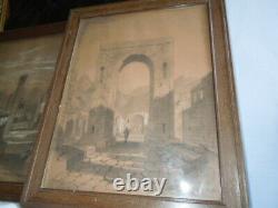 Pair Grand Tour Antique Drawings Charcoal Bodycolour Pompeii