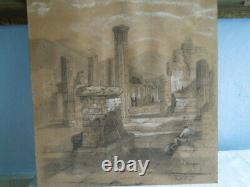 Pair Grand Tour Antique Drawings Charcoal Bodycolour Pompeii