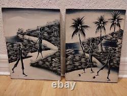 Pair Haitian Oil Canvas Paintings Antique PalmTree Primitive Haiti Signed Daniel