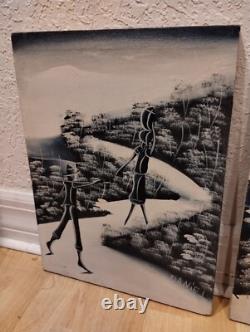 Pair Haitian Oil Canvas Paintings Antique PalmTree Primitive Haiti Signed Daniel