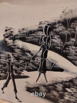 Pair Haitian Oil Canvas Paintings Antique PalmTree Primitive Haiti Signed Daniel
