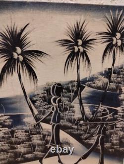 Pair Haitian Oil Canvas Paintings Antique PalmTree Primitive Haiti Signed Daniel
