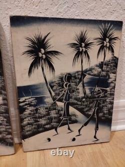 Pair Haitian Oil Canvas Paintings Antique PalmTree Primitive Haiti Signed Daniel