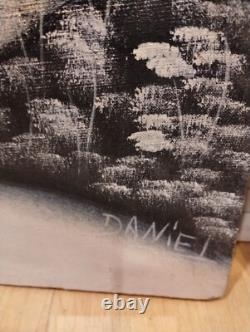 Pair Haitian Oil Canvas Paintings Antique PalmTree Primitive Haiti Signed Daniel