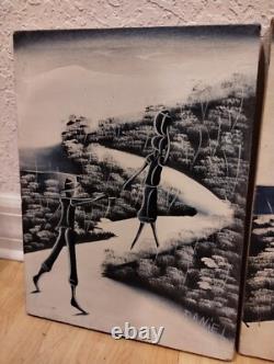 Pair Haitian Oil Canvas Paintings Antique PalmTree Primitive Haiti Signed Daniel