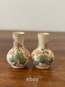 Pair Hand Painted Floral Satsuma Pottery Miniature Vases Signed Japanese Asian