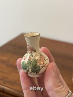 Pair Hand Painted Floral Satsuma Pottery Miniature Vases Signed Japanese Asian